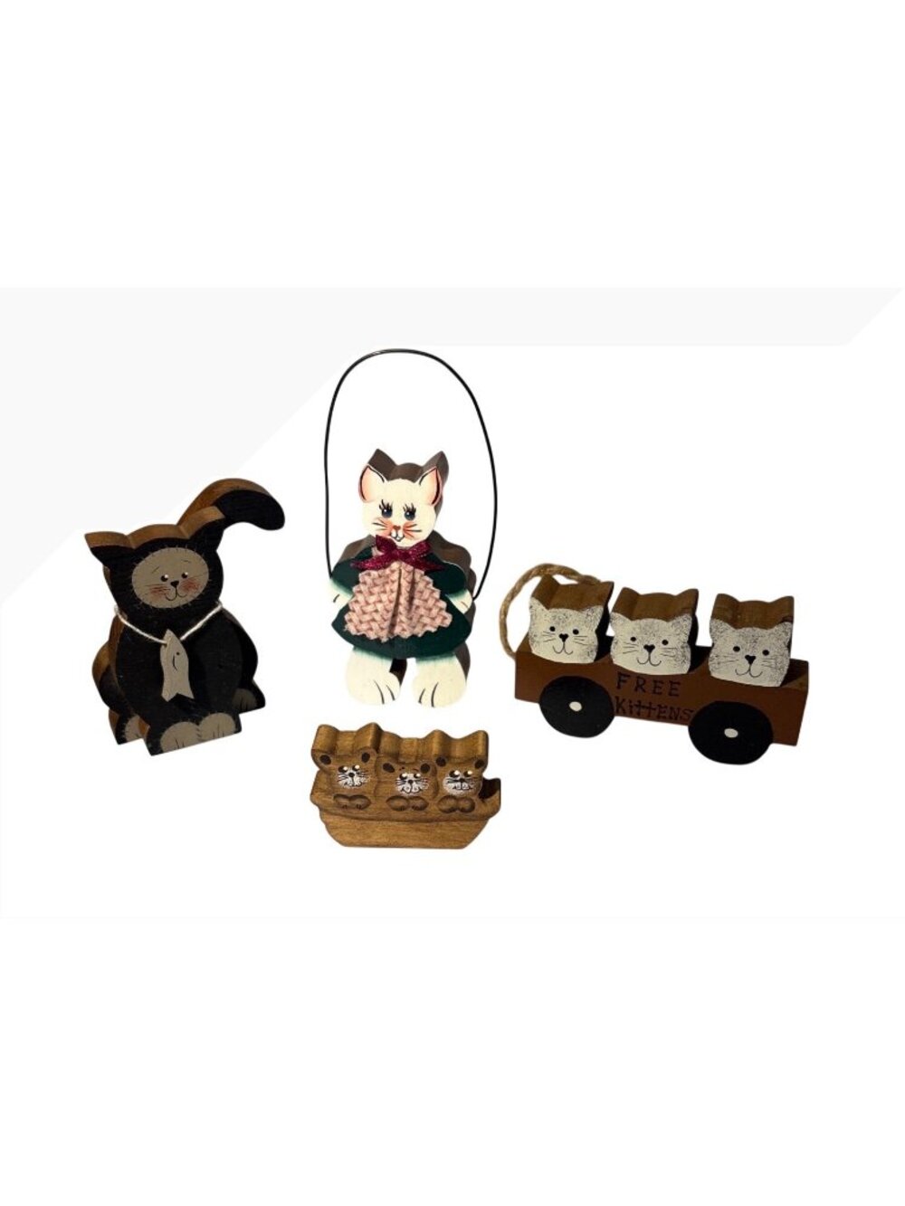 Set Of 4 Handcrafted Wooden Cat Figurines With Rustic Charm & Painted Details